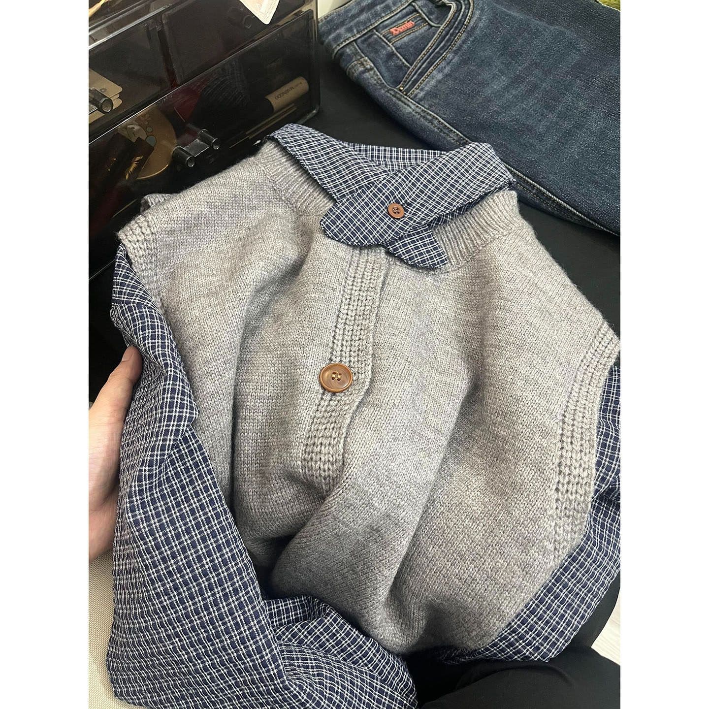 항구 바람 chic 파란색 체크무늬 긴팔 폴로 칼라 여성 셔츠 봄 가을 분위기 센스 루즈핏 슬림해 보이는 다용도 재킷 셔츠 상세 이미지 1