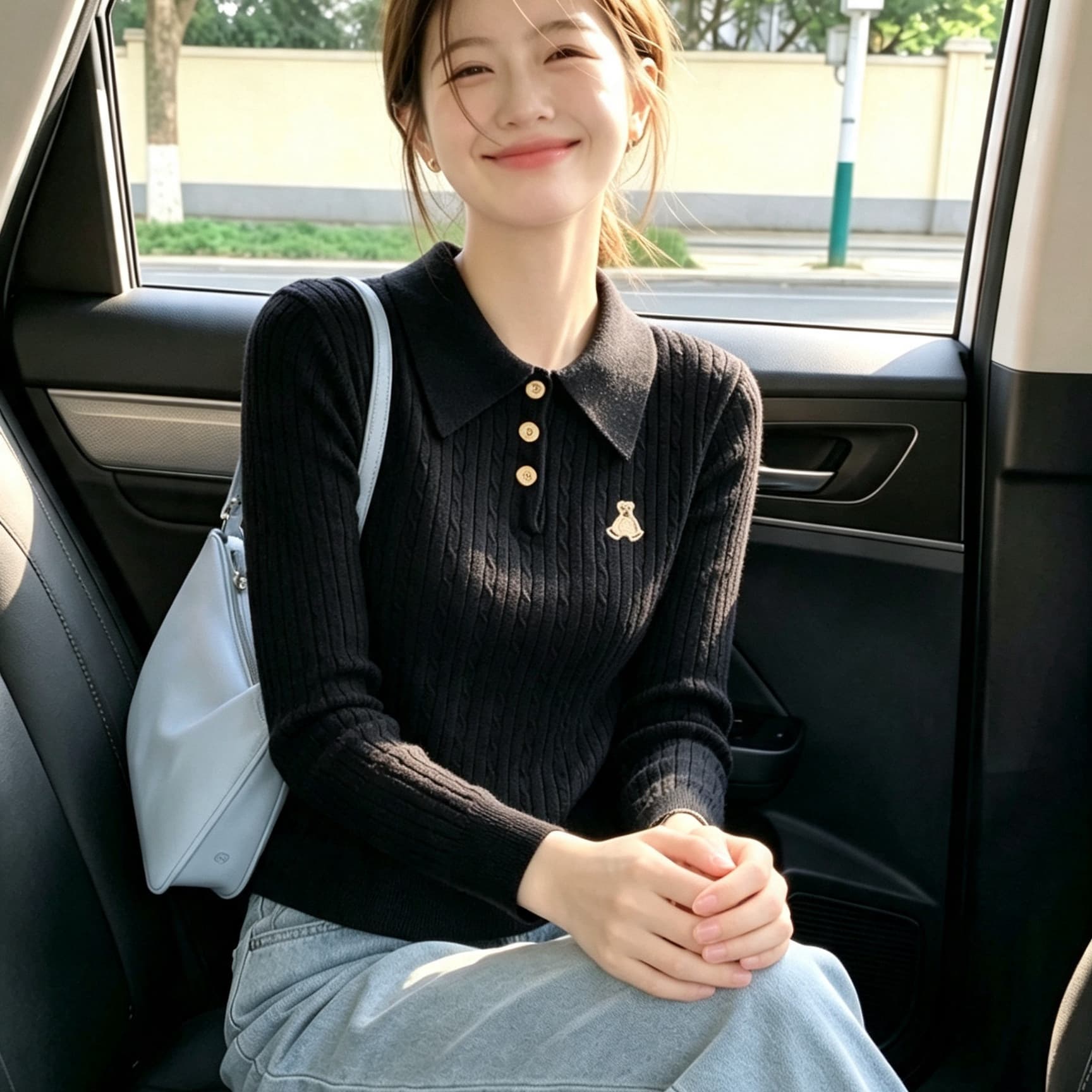 보존 섹션 추천 프랑스식 학원 스타일 작은 곰 자수 맨위 니트 스웨터 여성 가을 겨울 긴팔 POLO 칼라 스웨터 상세 이미지 4