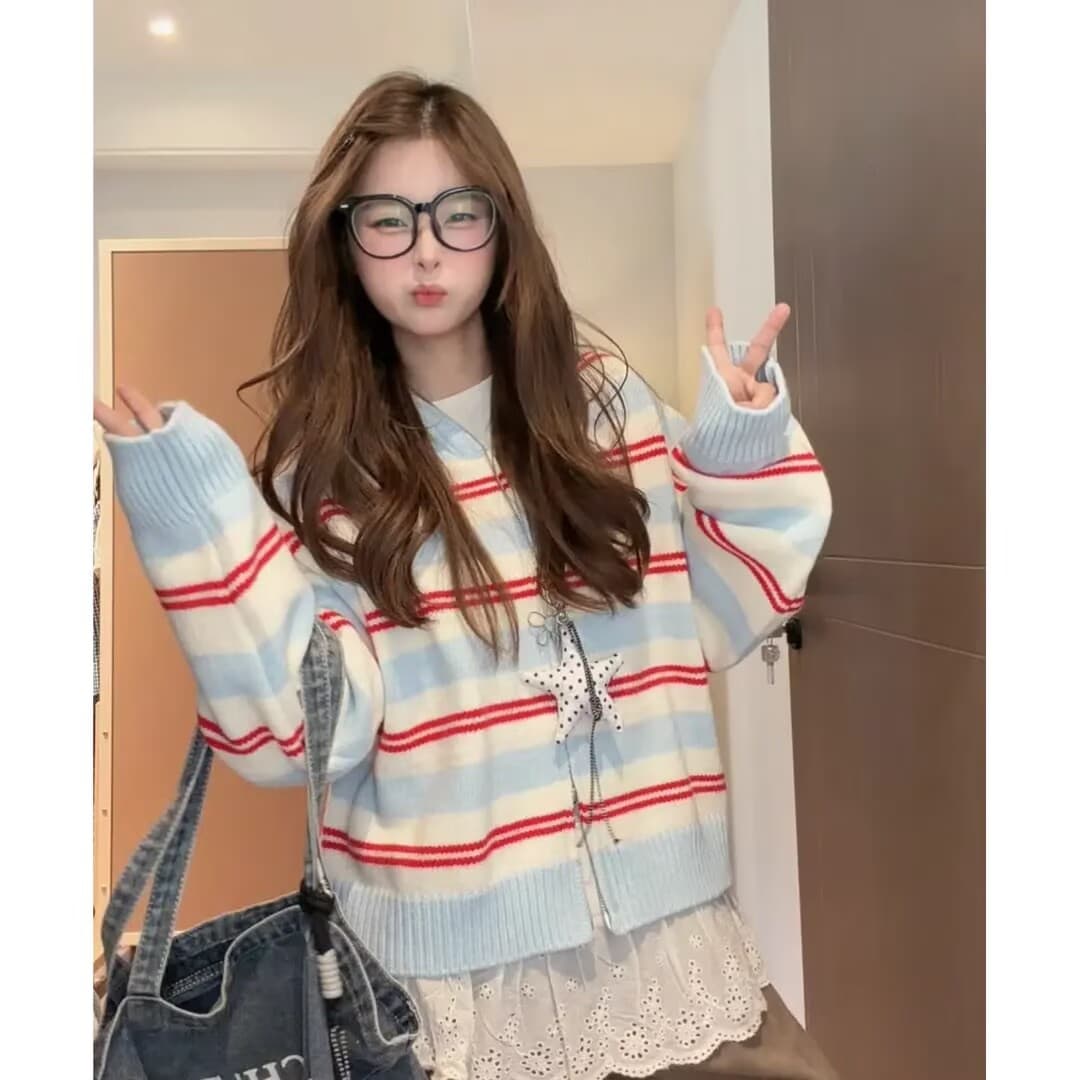 한국 스타일 느긋한 바람 배색 스트라이프 후드 니트 오픈 가디건 여성 가을 겨울 루즈핏 캐주얼 슬림해 보이는 다용도 스웨터 코트 상세 이미지 3