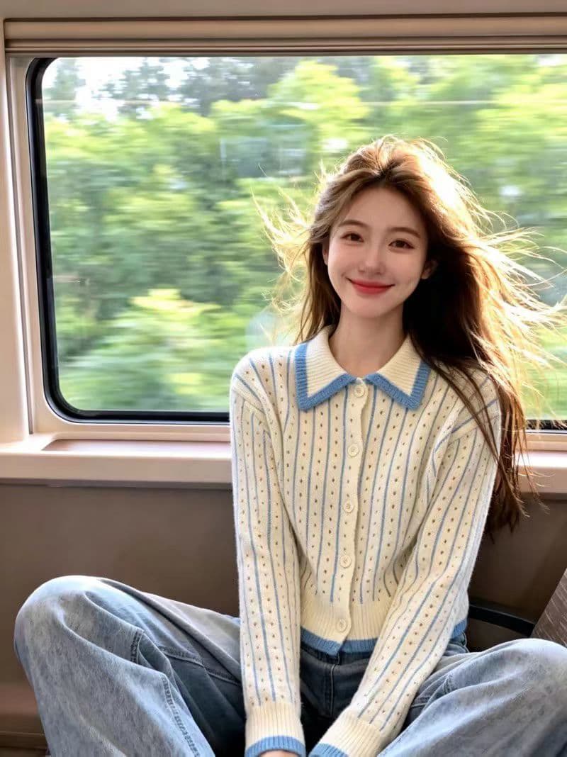 보존 섹션 추천 한 부서 스트라이프 폴로 칼라 긴팔 니트 스웨터 여성 가을 새로운 달콤함 품격 다용도 맨위