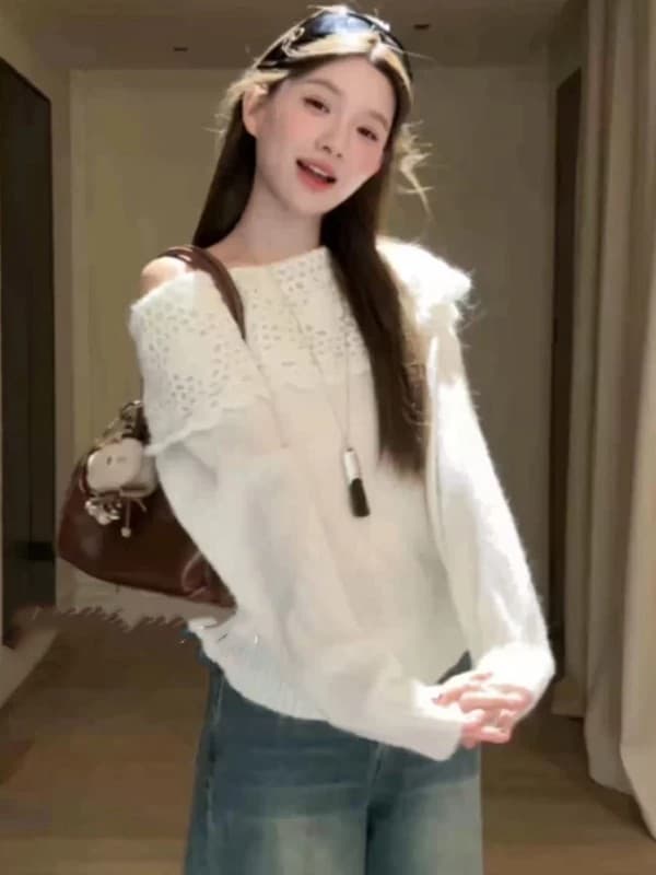 자이언트 잘 생긴 ~ 중 빛 요리 한 이른 가을 프랑스식 홀로우 아웃 오프숄더 스웨터 여자 가을 겨울 느긋한 바람 오프숄더 니트 스웨터 맨위 이미지 5
