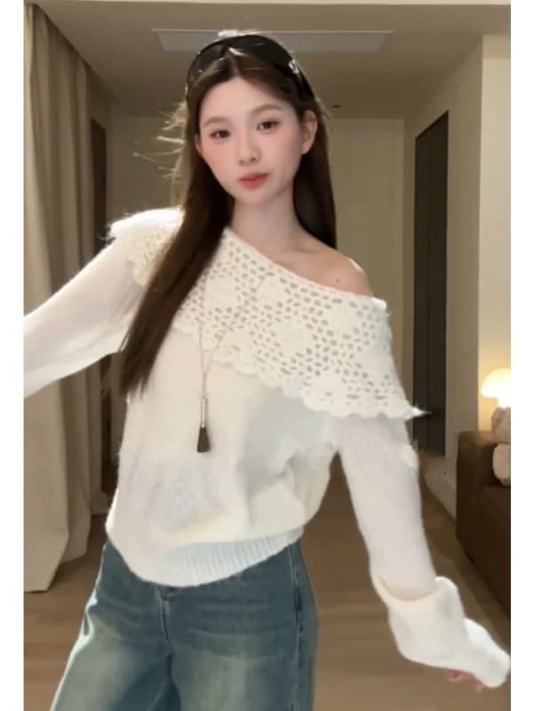 자이언트 잘 생긴 ~ 중 빛 요리 한 이른 가을 프랑스식 홀로우 아웃 오프숄더 스웨터 여자 가을 겨울 느긋한 바람 오프숄더 니트 스웨터 맨위 이미지 4