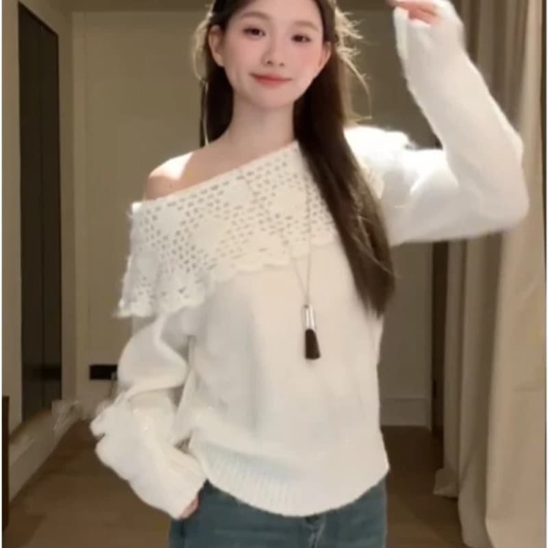 자이언트 잘 생긴 ~ 중 빛 요리 한 이른 가을 프랑스식 홀로우 아웃 오프숄더 스웨터 여자 가을 겨울 느긋한 바람 오프숄더 니트 스웨터 맨위 이미지 6