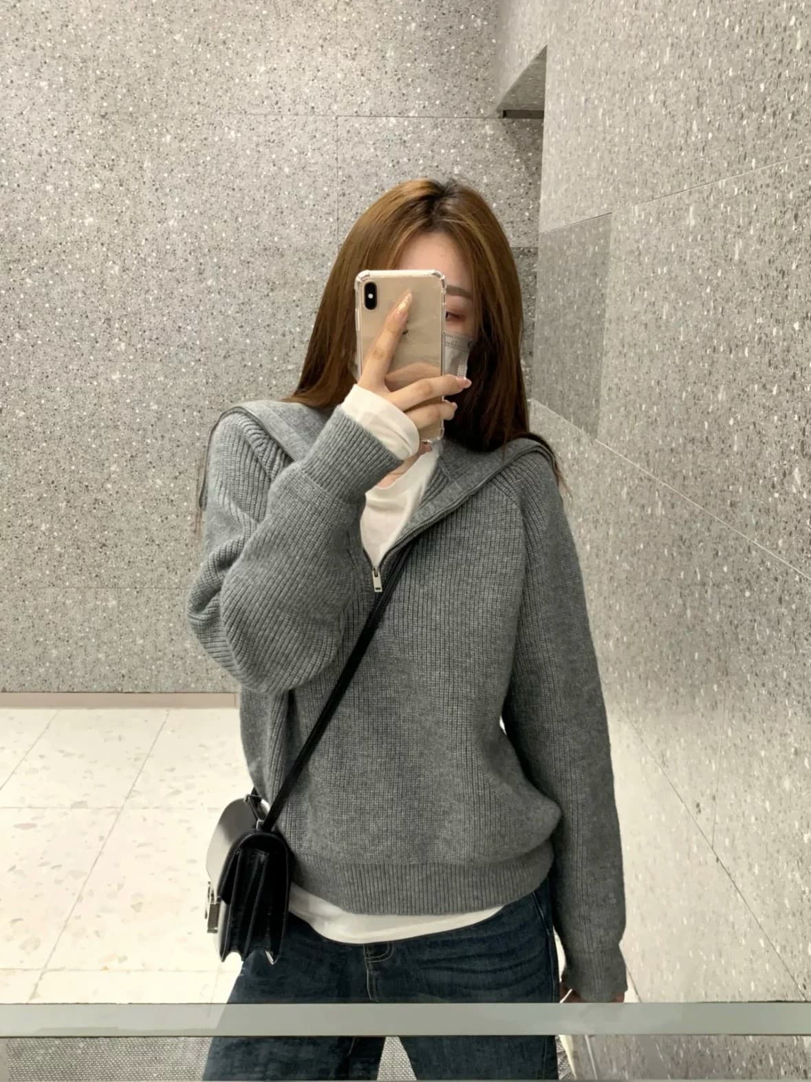 가을 겨울 고급 센스 한 부서 회색 하프 지퍼 폴로 칼라 니트 스웨터 여성 루즈핏 느긋한 바람 스웨터 맨위 작은 키 상세 이미지 2