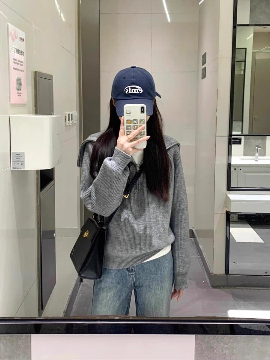 가을 겨울 고급 센스 한 부서 회색 하프 지퍼 폴로 칼라 니트 스웨터 여성 루즈핏 느긋한 바람 스웨터 맨위 작은 키 상세 이미지 8