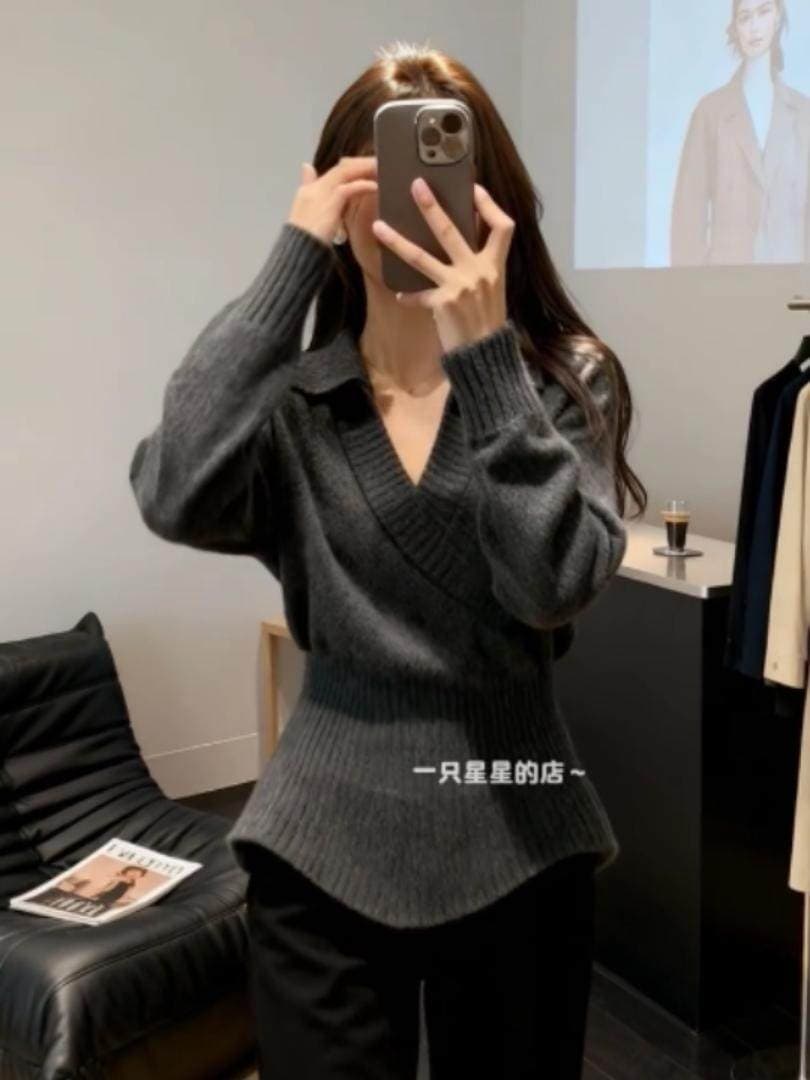 가을 겨울철 오래된 돈 바람 폴로 칼라 불규칙 스웨터 여자 가을 겨울 허리 수축 슬림해 보이는 고급 센스 다용도 니트 스웨터 맨위 상세 이미지 3