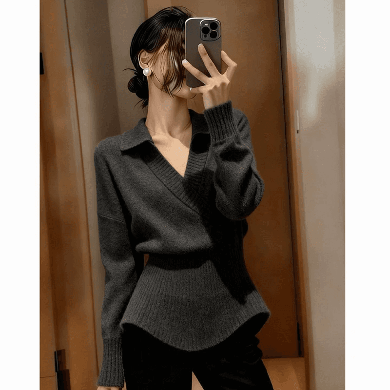 가을 겨울철 오래된 돈 바람 폴로 칼라 불규칙 스웨터 여자 가을 겨울 허리 수축 슬림해 보이는 고급 센스 다용도 니트 스웨터 맨위 상세 이미지 8