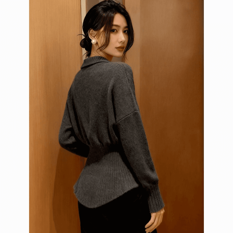 가을 겨울철 오래된 돈 바람 폴로 칼라 불규칙 스웨터 여자 가을 겨울 허리 수축 슬림해 보이는 고급 센스 다용도 니트 스웨터 맨위 상세 이미지 10