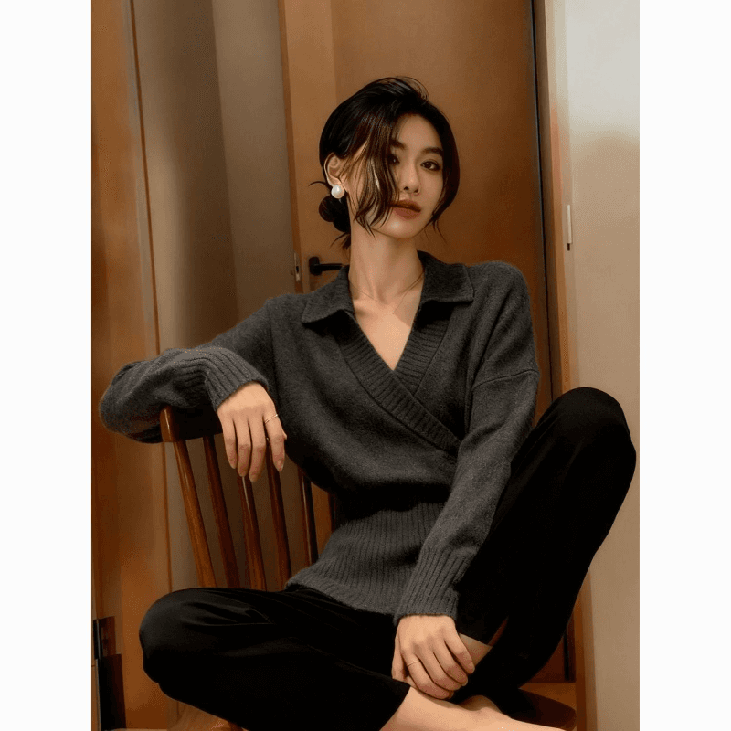 가을 겨울철 오래된 돈 바람 폴로 칼라 불규칙 스웨터 여자 가을 겨울 허리 수축 슬림해 보이는 고급 센스 다용도 니트 스웨터 맨위 상세 이미지 14