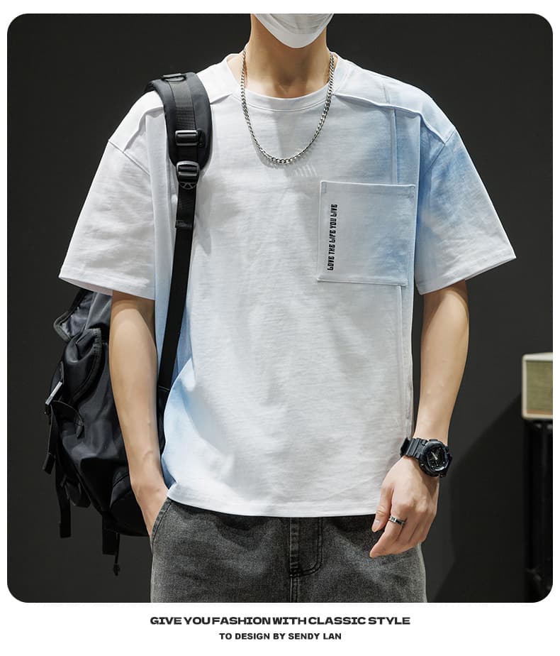 순면 새로운 여름 남자 트렌드 루즈핏 조수 브랜드 반팔 티셔츠 맨위 5 점 소매 라운드 넥 반소매 티셔츠 상세 이미지 20