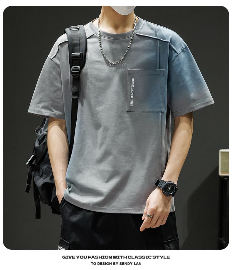 순면 새로운 여름 남자 트렌드 루즈핏 조수 브랜드 반팔 티셔츠 맨위 5 점 소매 라운드 넥 반소매 티셔츠 상세 이미지 24