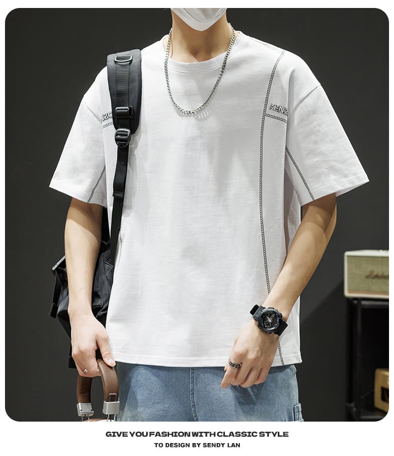 순면 새로운 여름 남자 트렌드 루즈핏 조수 브랜드 반팔 티셔츠 맨위 5 점 소매 라운드 넥 반소매 티셔츠 상세 이미지 21