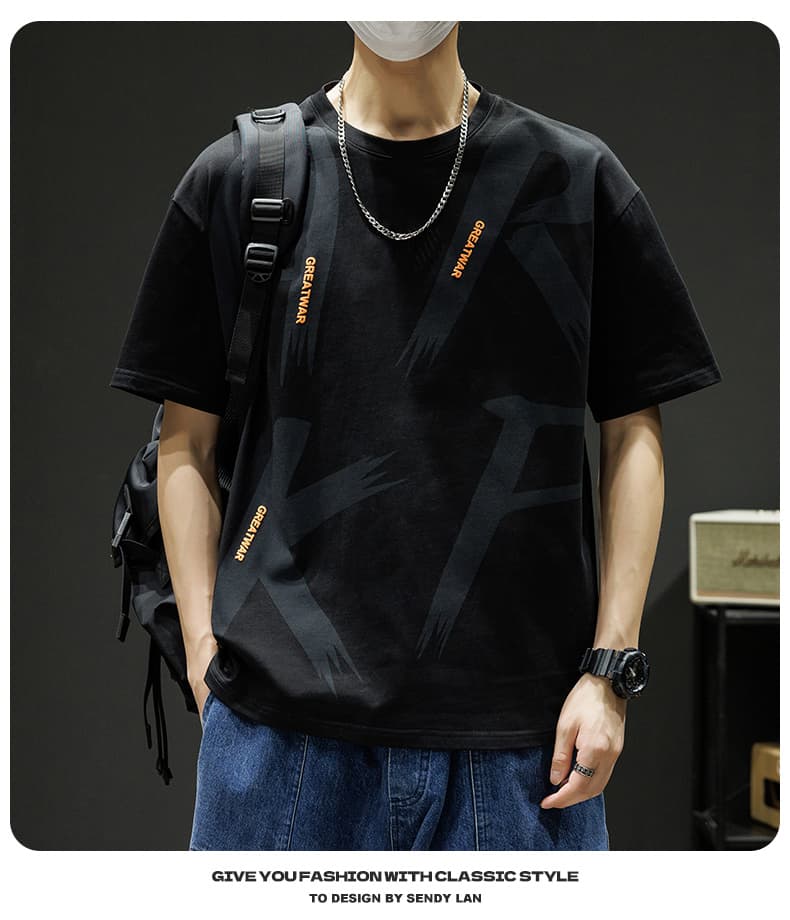 순면 새로운 여름 남자 트렌드 루즈핏 조수 브랜드 학생 반팔 티셔츠 맨위 5 점 소매 라운드 넥 반소매 티셔츠 상세 이미지 13