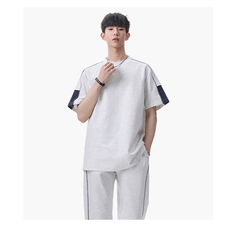 여름 새로운 높음 폭탄 차가운 면 케이블 루오 Na 구름 그림자 면 배색 핫셀블라드 선 반팔 캐주얼 세트 상세 이미지 13
