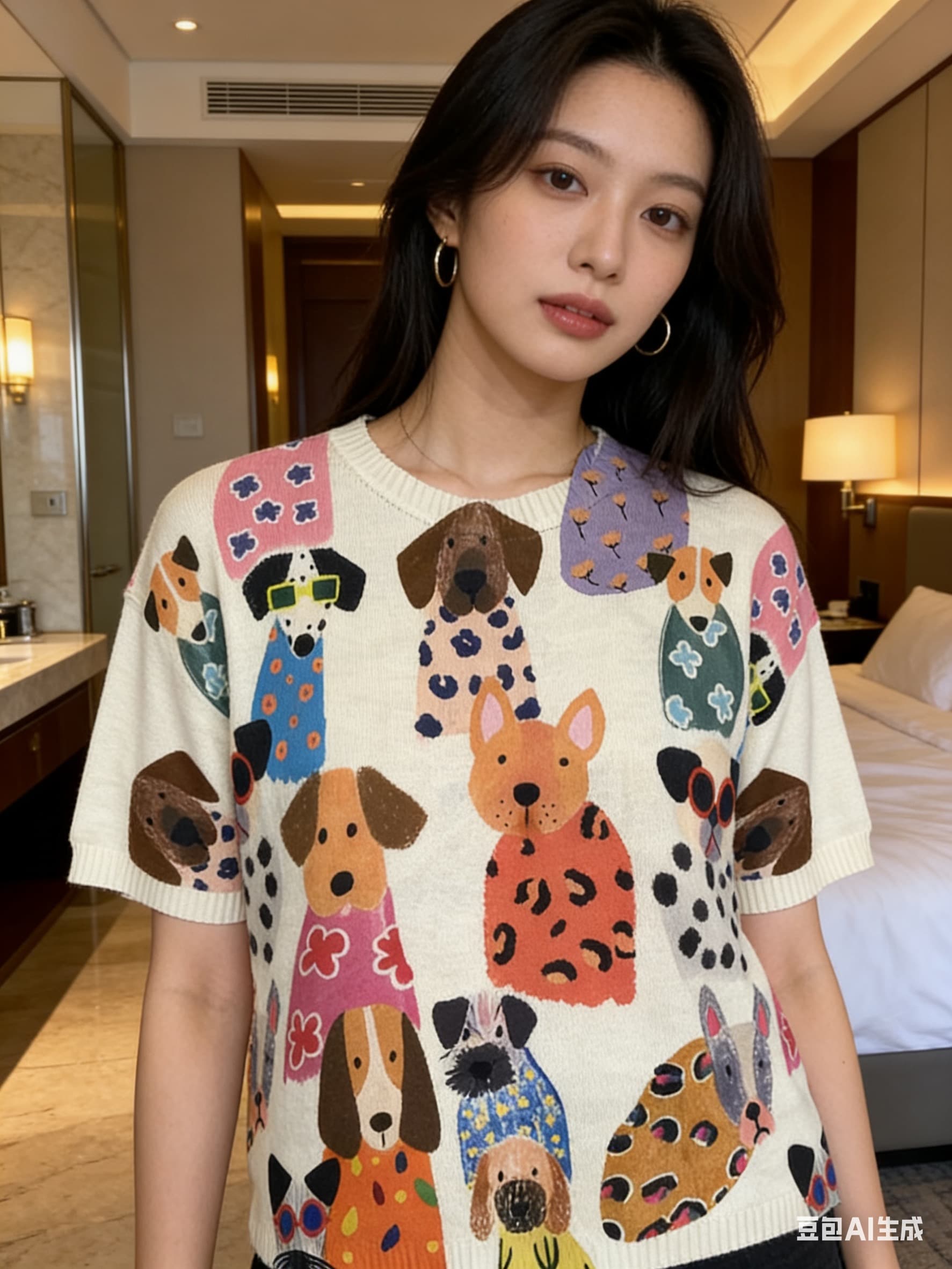 실사 한국 동대문 스타 같은 단락 면 린넨 레트로 낙서 프린트 반팔 여성 디자인 센스 작은 대중 루즈핏 여름 이미지 2