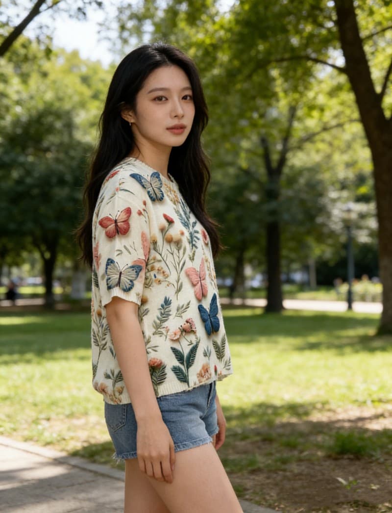 실사 한국 동대문 스타 같은 단락 면 린넨 패션 몸 전체 프린트 반팔 여성 디자인 센스 작은 대중 루즈핏 여름 이미지 2