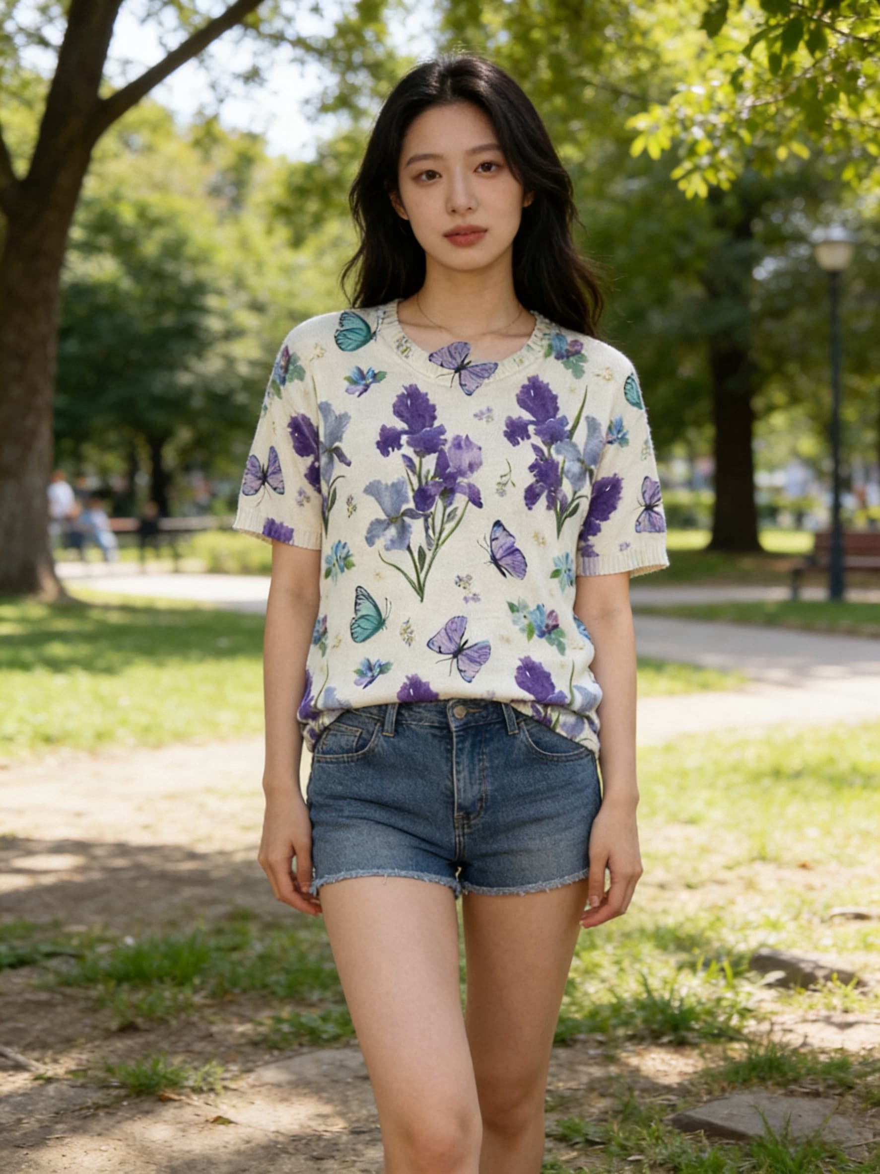 실사 한국 동대문 스타 같은 단락 면 린넨 패션 몸 전체 프린트 반팔 여성 디자인 센스 작은 대중 루즈핏 여름