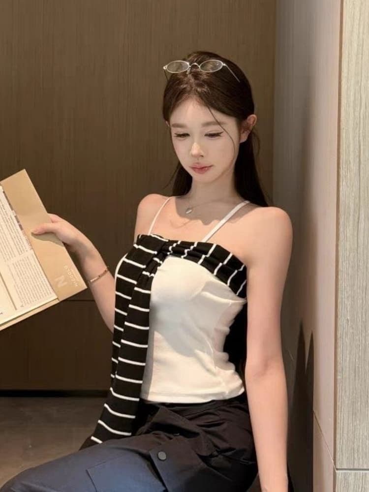 페이크 레이어드 스트라이프 숄 캐미솔 핫걸 오프숄더 튜브탑 맨위 상세 이미지 14