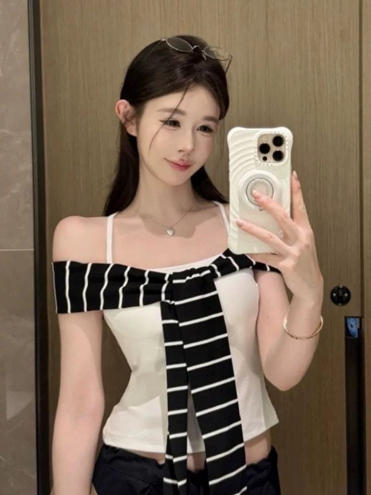 페이크 레이어드 스트라이프 숄 캐미솔 핫걸 오프숄더 튜브탑 맨위 상세 이미지 18