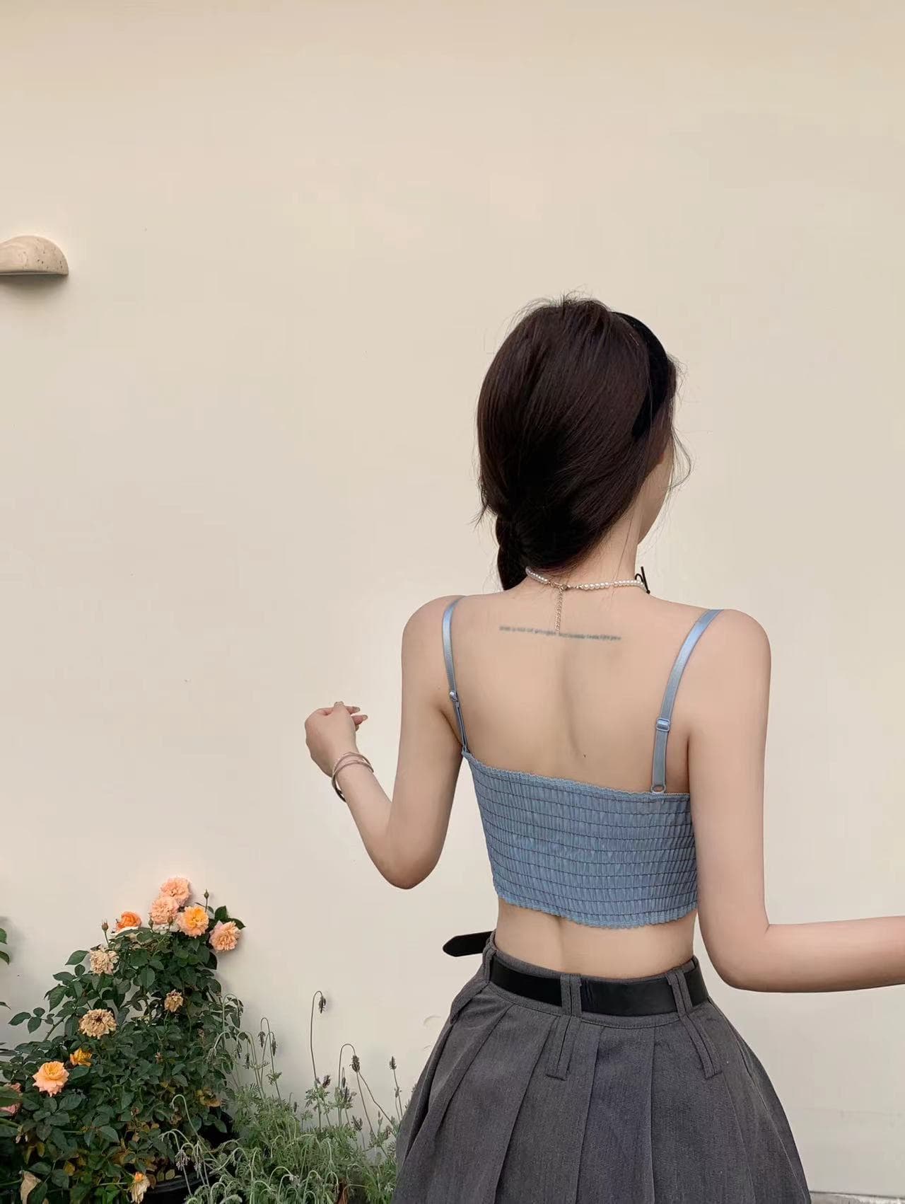 패치워크 레이스 레이스 데님 캐미솔 핫걸 포장 가슴 안쪽 의류 노출 방지 벨트 가슴 패드 이미지 3