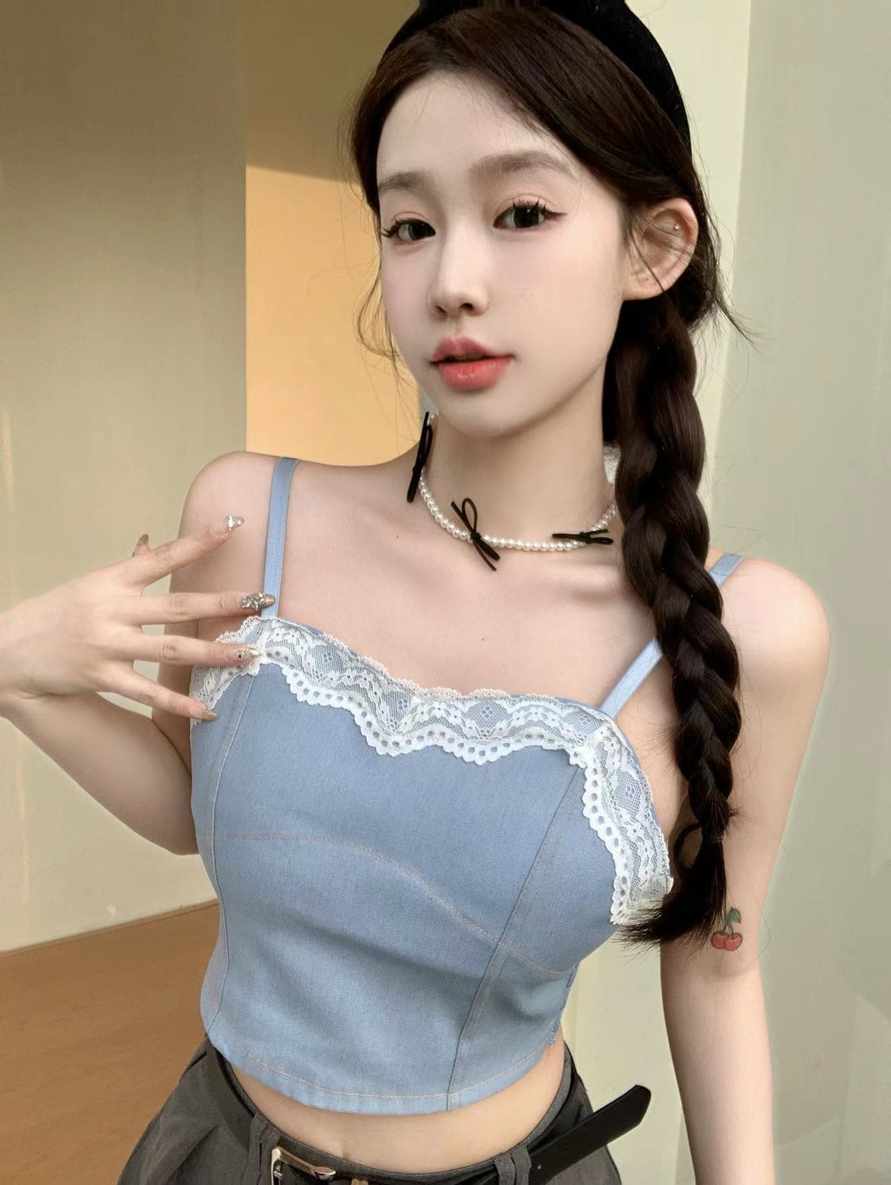 패치워크 레이스 레이스 데님 캐미솔 핫걸 포장 가슴 안쪽 의류 노출 방지 벨트 가슴 패드 상세 이미지 2