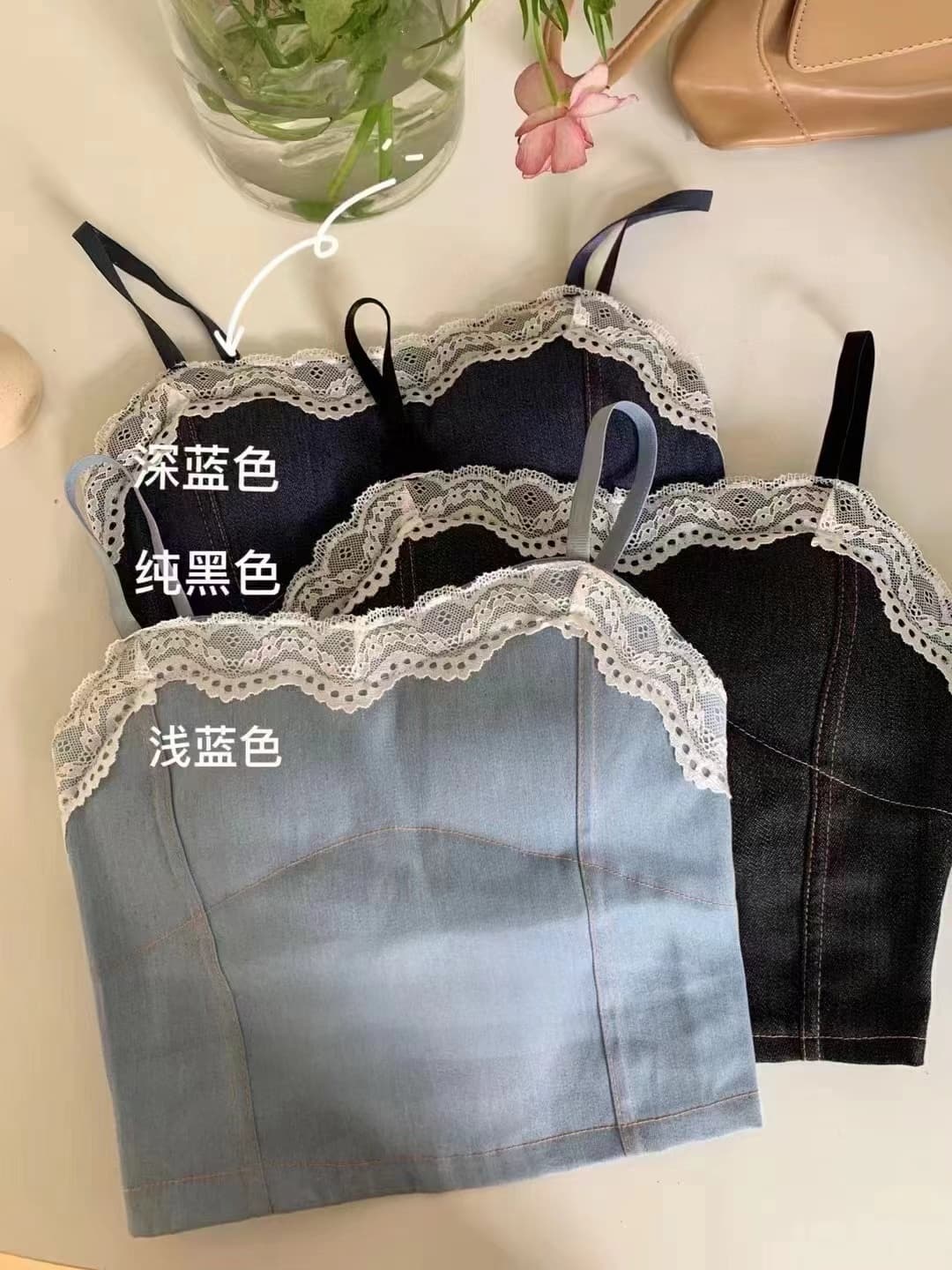 패치워크 레이스 레이스 데님 캐미솔 핫걸 포장 가슴 안쪽 의류 노출 방지 벨트 가슴 패드 상세 이미지 5
