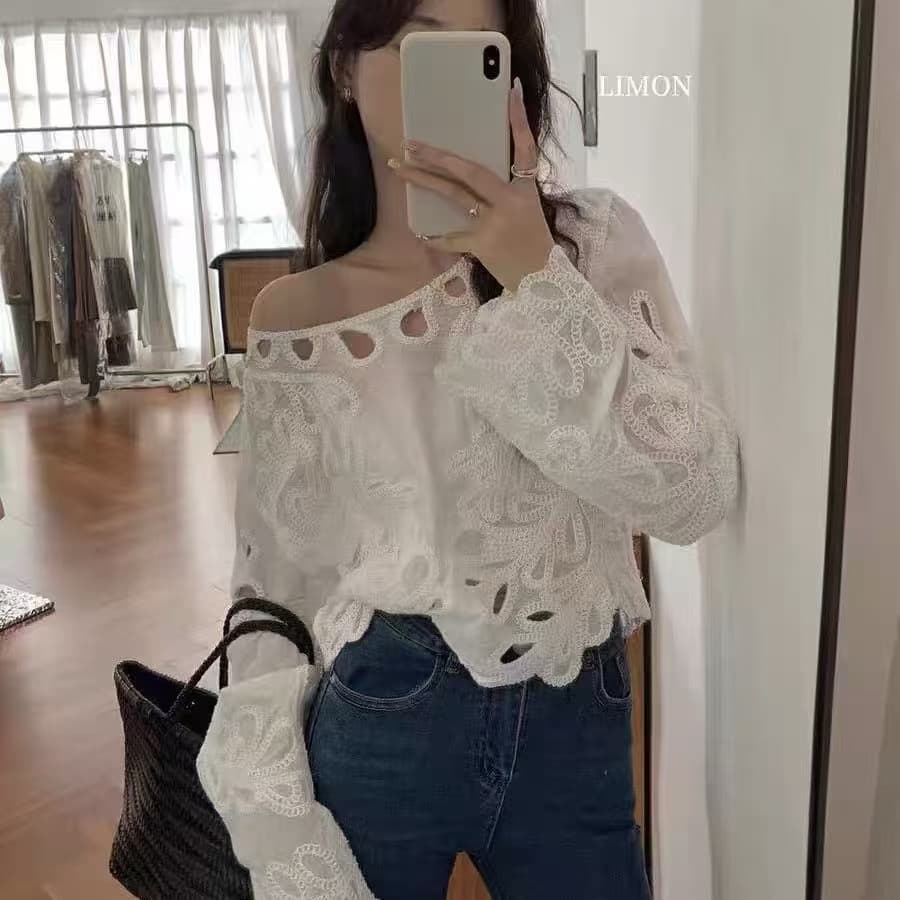 한국 동대문 고급 센스 홀로우 아웃 자수 긴팔 셔츠 다용도 홀로우 아웃 레이스 쉬폰 블라우스 상세 이미지 8