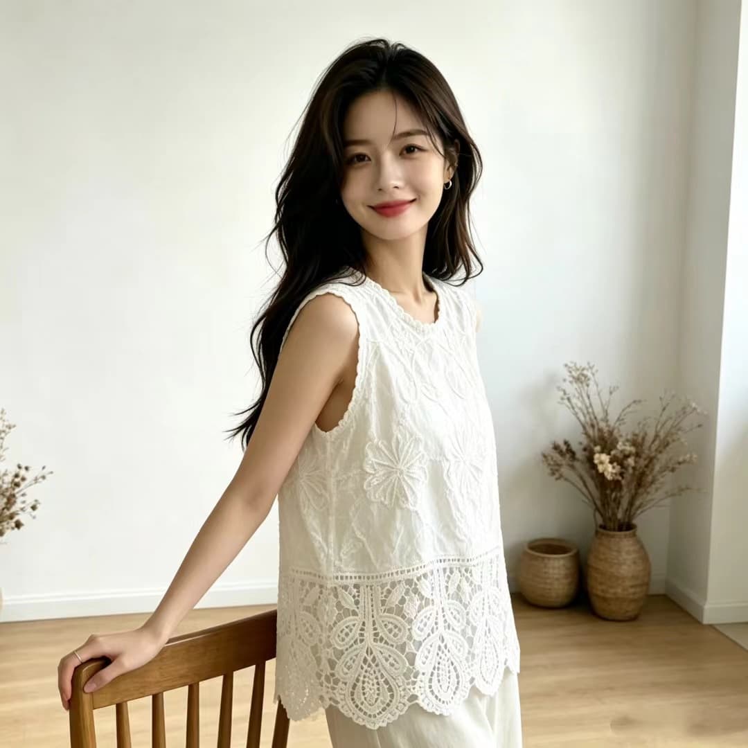 화이트 자수 홀로우 아웃 베스트 조끼 여성 외출용 2026 새로운 여름 빅 사이즈 지방 mm 자이언트 잘 생긴 민소매 맨위 상세 이미지 10