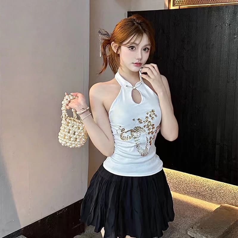 핫걸 새로운 중식 행침 목 치마 여름 새로운 프랑스식 품격 몸매 가꾸기 슬림해 보이는 자수 행침 목 아름다움 뒤로