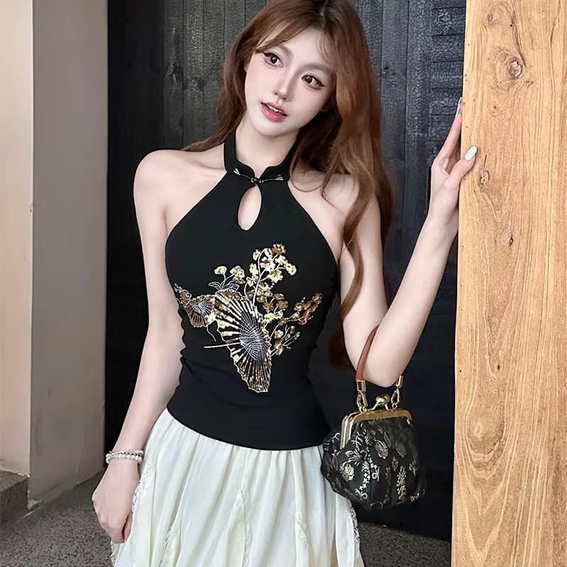 핫걸 새로운 중식 행침 목 치마 여름 새로운 프랑스식 품격 몸매 가꾸기 슬림해 보이는 자수 행침 목 아름다움 뒤로 이미지 2