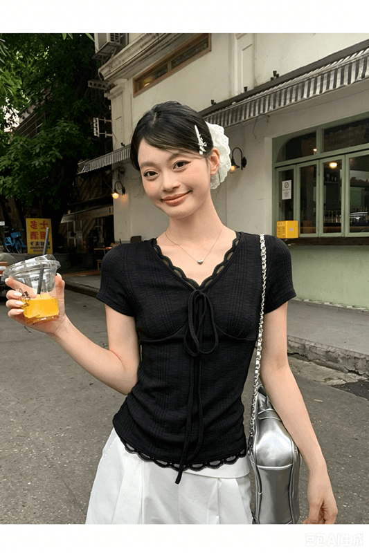 송 긍정적 인 En 파란색 V넥 레이스 레이스 반팔 티셔츠 여성 여름 고급 센스 슈퍼 잘 생긴 몸매 가꾸기 디스플레이 얇고 작은 맨위 상세 이미지 26