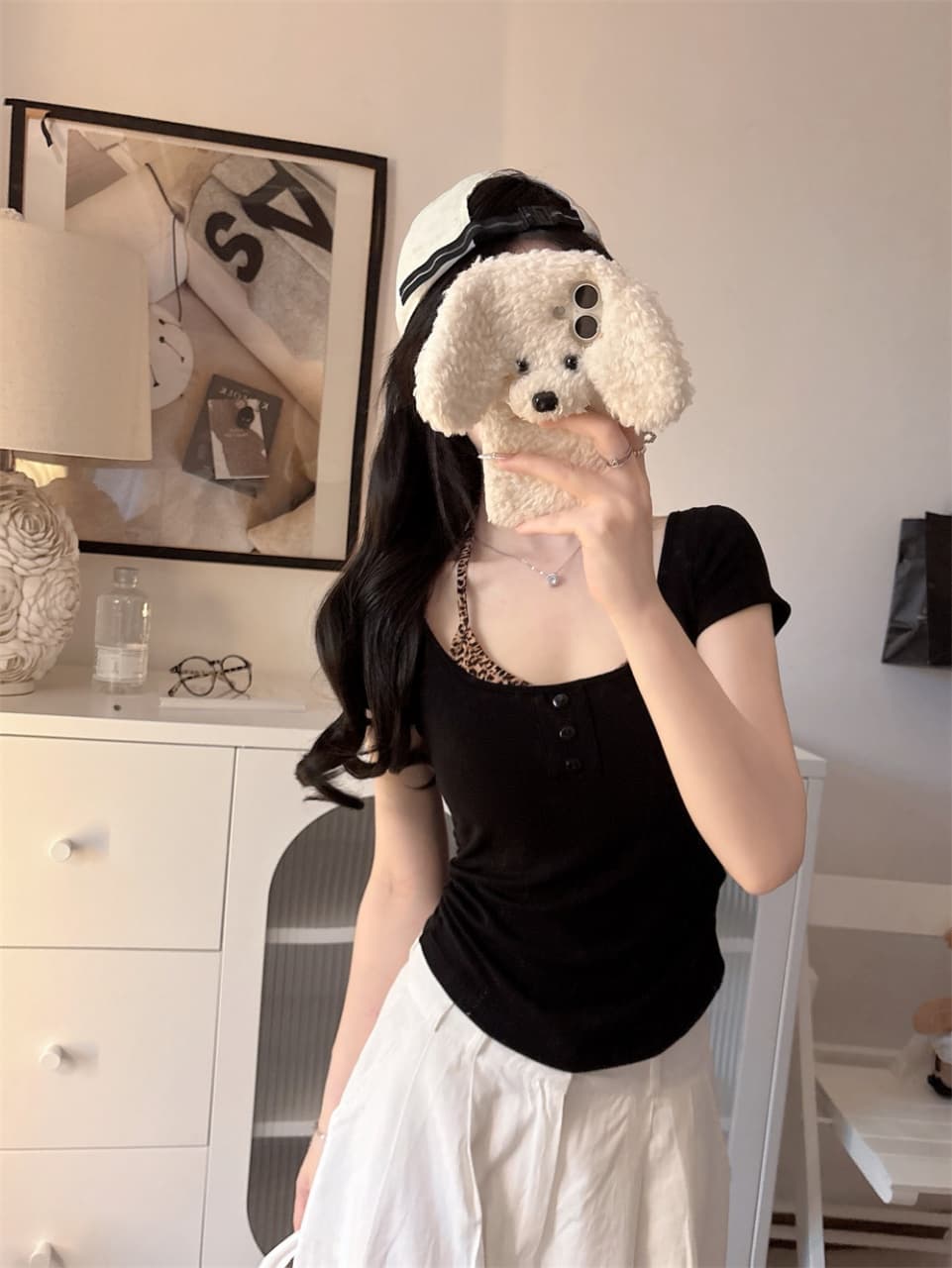 아메리칸 레트로 레오파드 무늬 행침 목 페이크 레이어드 몸매 가꾸기 반팔 벨트 가슴 패드 상세 이미지 16