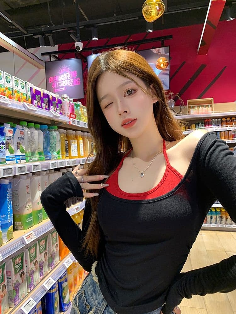 연삭 털 행침 목 배색 연삭 플러시 긴팔 티셔츠 여성 새로운 보온 순수한 욕망 슬림해 보이는 쇼트 스타일 언더 코트 상세 이미지 6