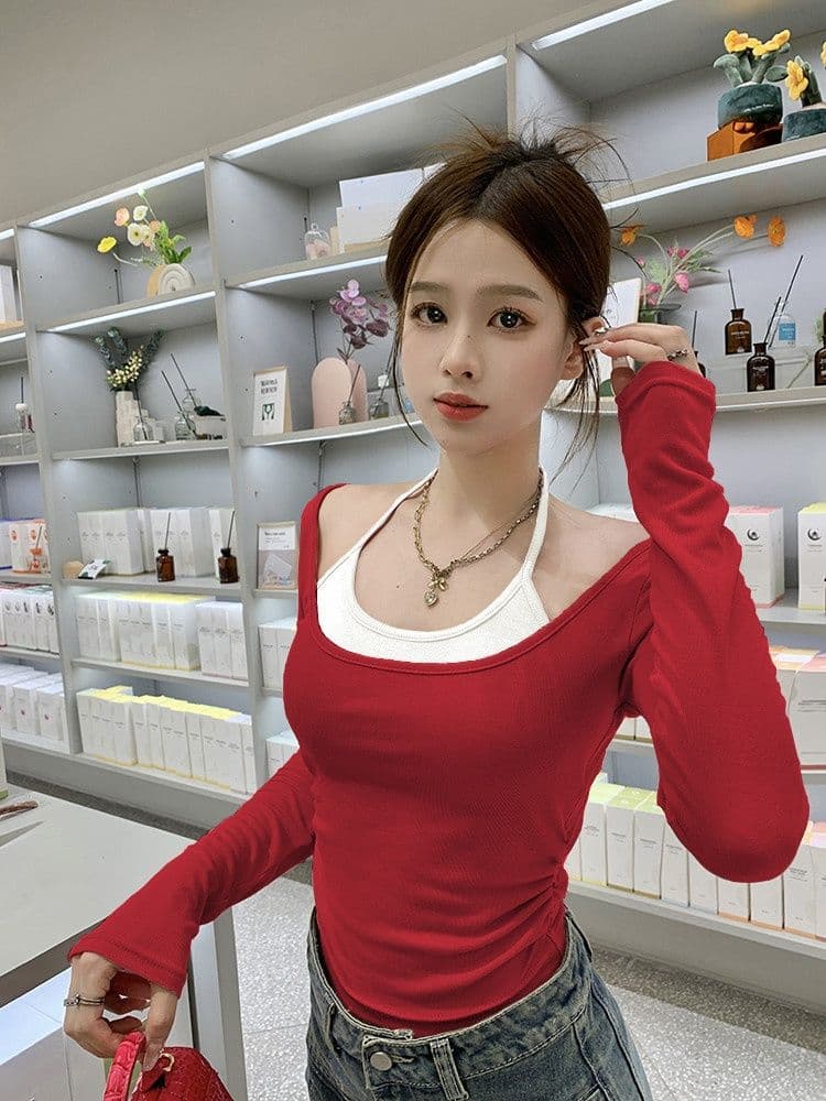 연삭 털 행침 목 배색 연삭 플러시 긴팔 티셔츠 여성 새로운 보온 순수한 욕망 슬림해 보이는 쇼트 스타일 언더 코트 상세 이미지 10