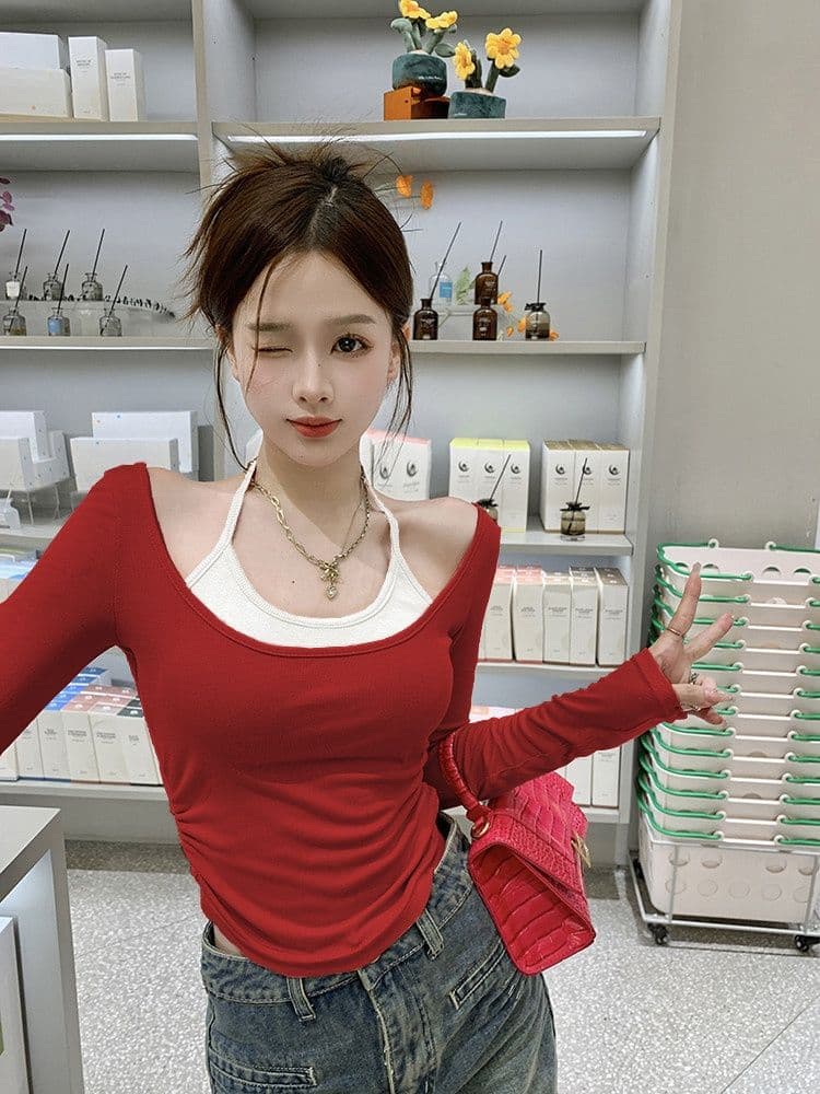연삭 털 행침 목 배색 연삭 플러시 긴팔 티셔츠 여성 새로운 보온 순수한 욕망 슬림해 보이는 쇼트 스타일 언더 코트 상세 이미지 11