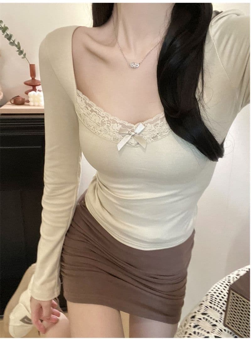 연삭 털 가을 레이스 긴팔 티셔츠 여성 두꺼운 패치워크 몸매 가꾸기 슬림해 보이는 맨위 섹시함 상세 이미지 15
