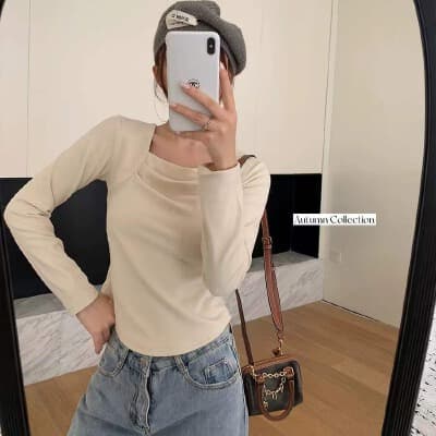 가을 겨울 새로운 광장 칼라 주름 기본 셔츠 여성 덕 플러시 보온 긴팔 티셔츠 인사이드 가져 가라. 외출용 맨위 상세 이미지 1