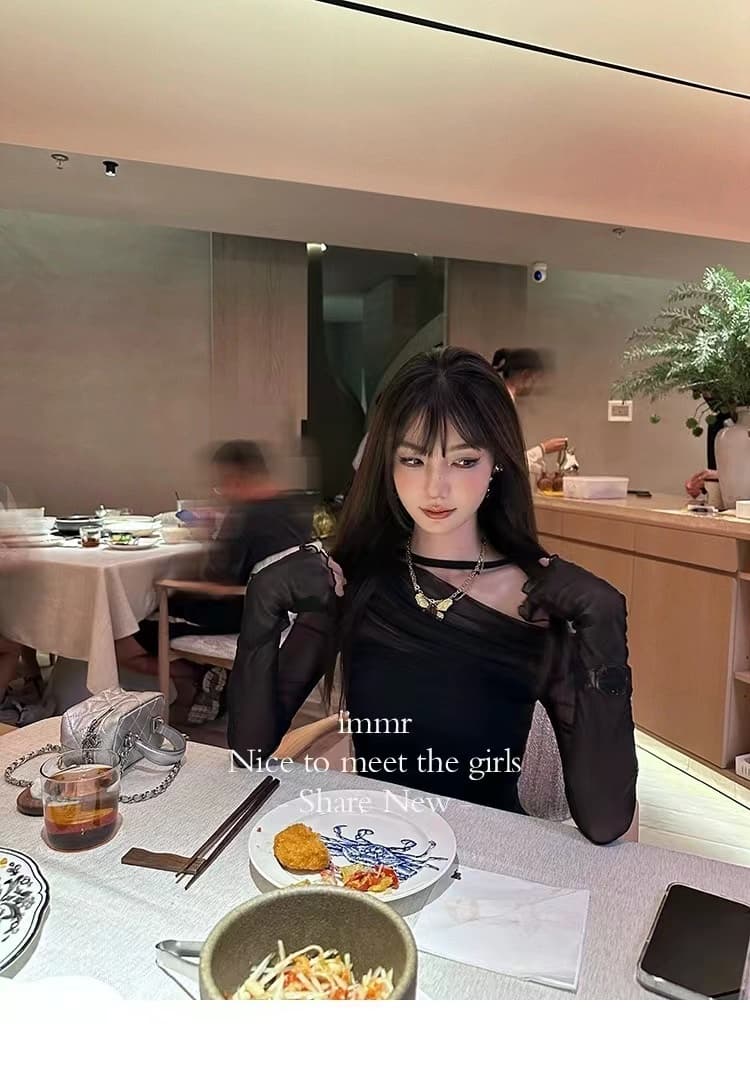 이른 가을 새로운 순수한 욕망 섹시함 투피스 세트 시스루 망사 긴팔 몸매 가꾸기 인사이드 가져 가라. 벨트 가슴 패드 튜브탑 맨위 이미지 4
