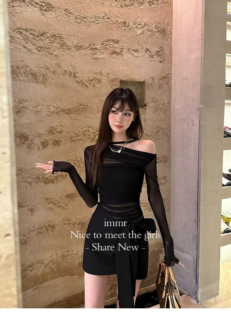 이른 가을 새로운 순수한 욕망 섹시함 투피스 세트 시스루 망사 긴팔 몸매 가꾸기 인사이드 가져 가라. 벨트 가슴 패드 튜브탑 맨위 상세 이미지 10