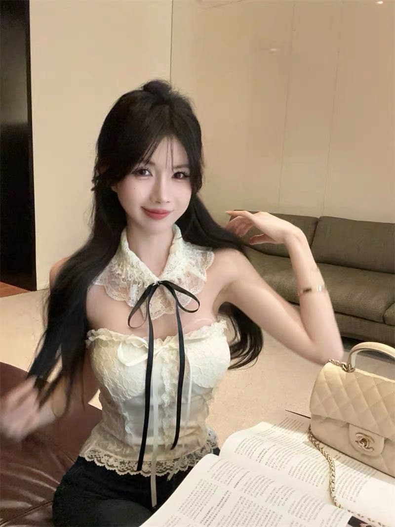 달콤함 프랑스식 순수한 욕망 바람 레이스 행침 목 조끼 여성 벨트 가슴 패드 인사이드 가져 가라. 명문 여성 천 골드 센스 민소매 튜브탑 맨위 상세 이미지 2