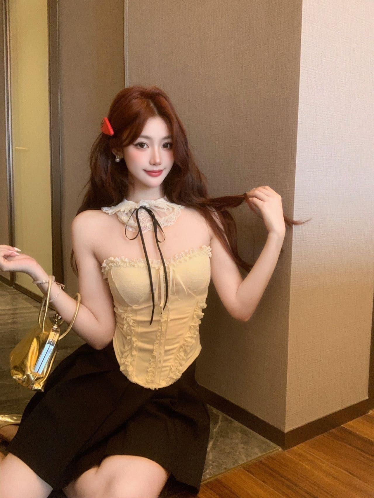 달콤함 프랑스식 순수한 욕망 바람 레이스 행침 목 조끼 여성 벨트 가슴 패드 인사이드 가져 가라. 명문 여성 천 골드 센스 민소매 튜브탑 맨위 상세 이미지 7