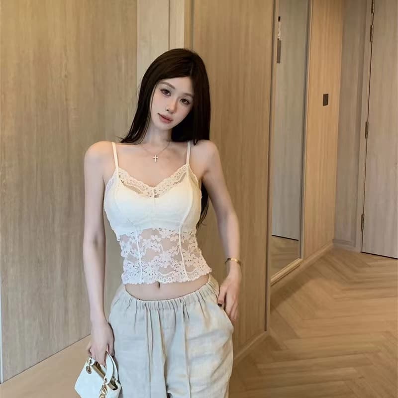 레이스 캐미솔 벨트 가슴 패드 V넥 홀로우 아웃 슬림해 보이는 순수한 욕망 인사이드 가져 가라. 외출용 쇼트 스타일 맨위 상세 이미지 1