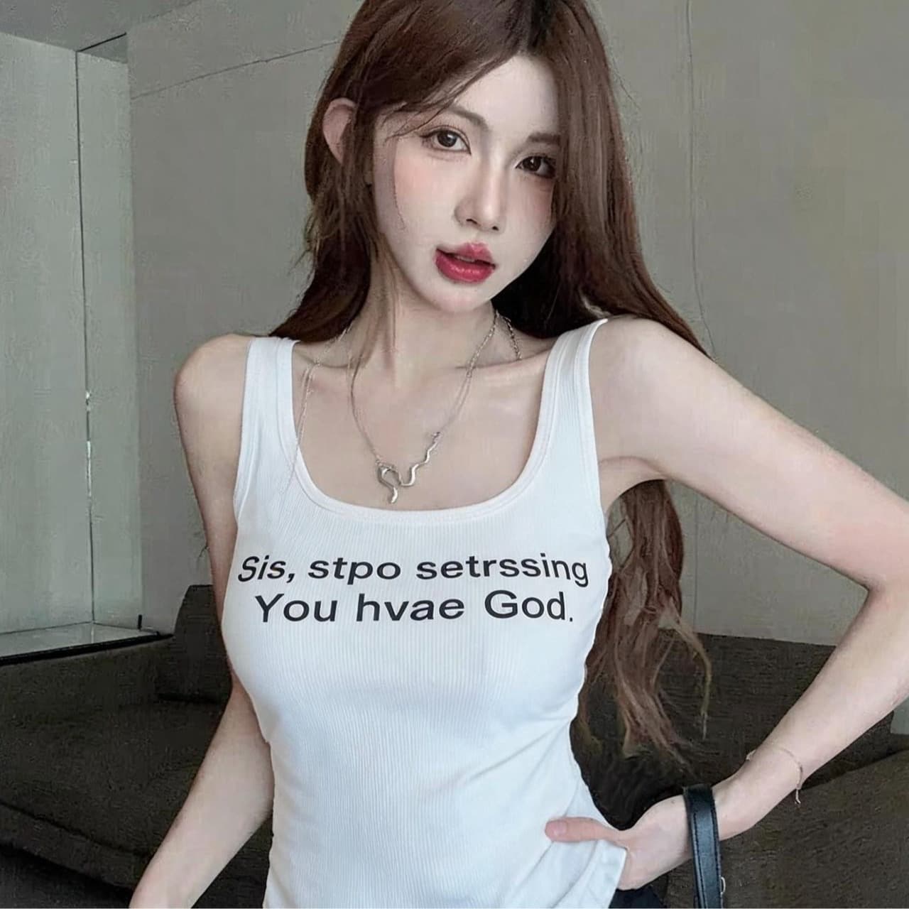 아메리칸 핫걸 알파벳 프린트 뒤로 홀로우 아웃 디자인 벨트 가슴 패드 이미지 5