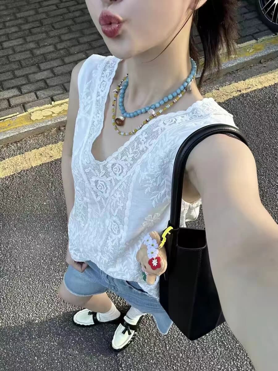 작은 대중 레트로 레이스 자카드 패치워크 캐주얼 문예 V넥 민소매 조끼 맨위 여성 여름 이미지 2