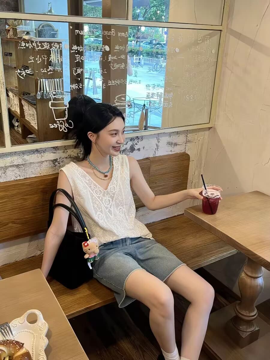 작은 대중 레트로 레이스 자카드 패치워크 캐주얼 문예 V넥 민소매 조끼 맨위 여성 여름 상세 이미지 3