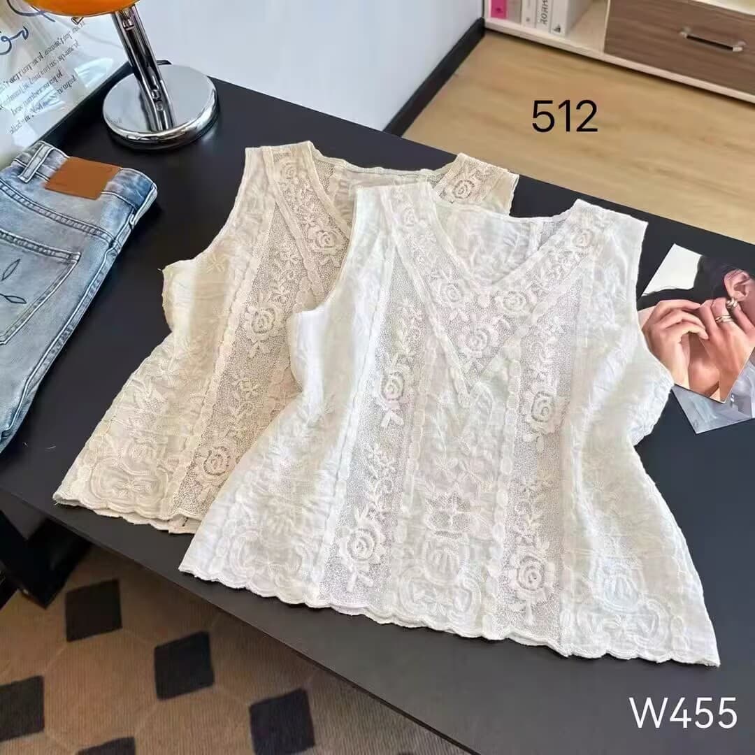 작은 대중 레트로 레이스 자카드 패치워크 캐주얼 문예 V넥 민소매 조끼 맨위 여성 여름 상세 이미지 8