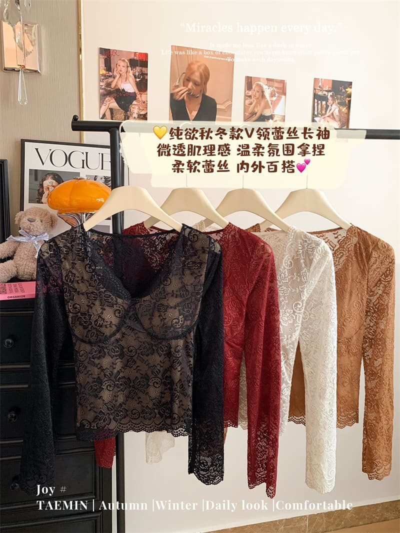 V넥 순수한 욕망 바람 벨트 가슴 패드 레이스 기본 셔츠 핫걸 몸매 가꾸기 긴팔 인사이드 잡아라. 의류 상세 이미지 5