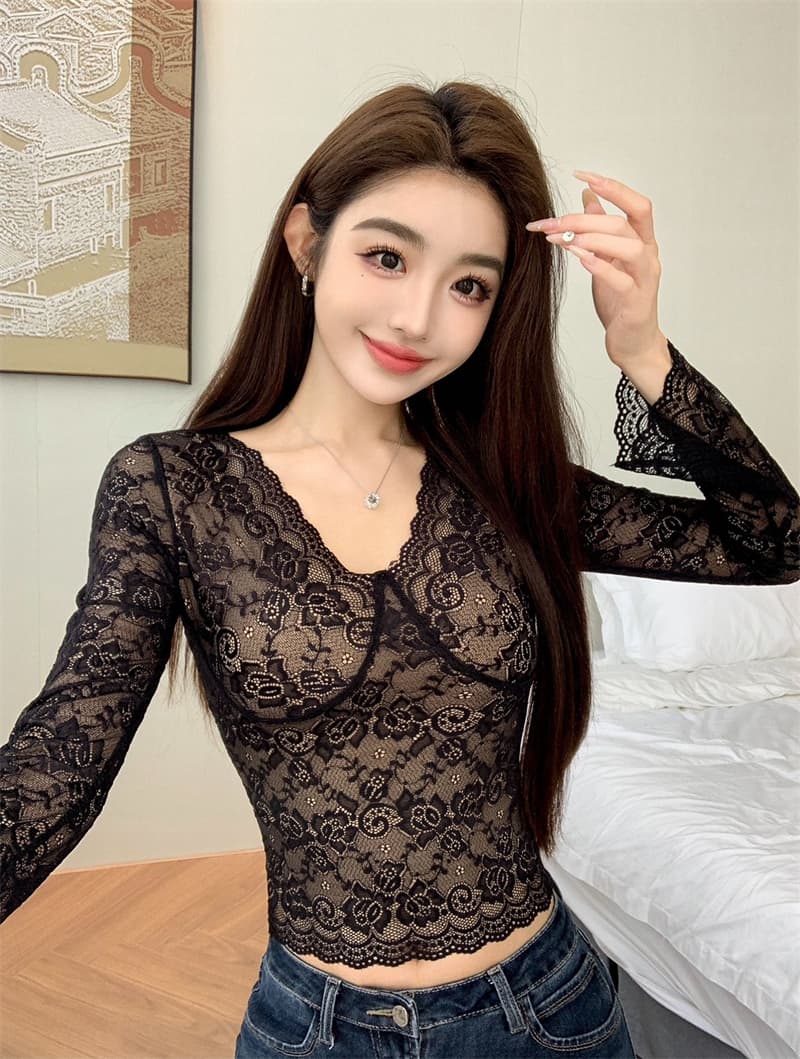 V넥 순수한 욕망 바람 벨트 가슴 패드 레이스 기본 셔츠 핫걸 몸매 가꾸기 긴팔 인사이드 잡아라. 의류 상세 이미지 14
