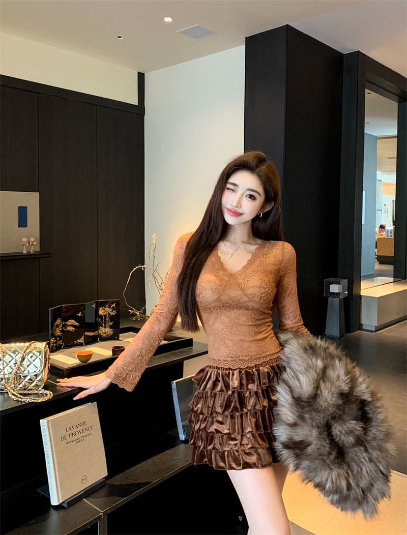 V넥 순수한 욕망 바람 벨트 가슴 패드 레이스 기본 셔츠 핫걸 몸매 가꾸기 긴팔 인사이드 잡아라. 의류 상세 이미지 31