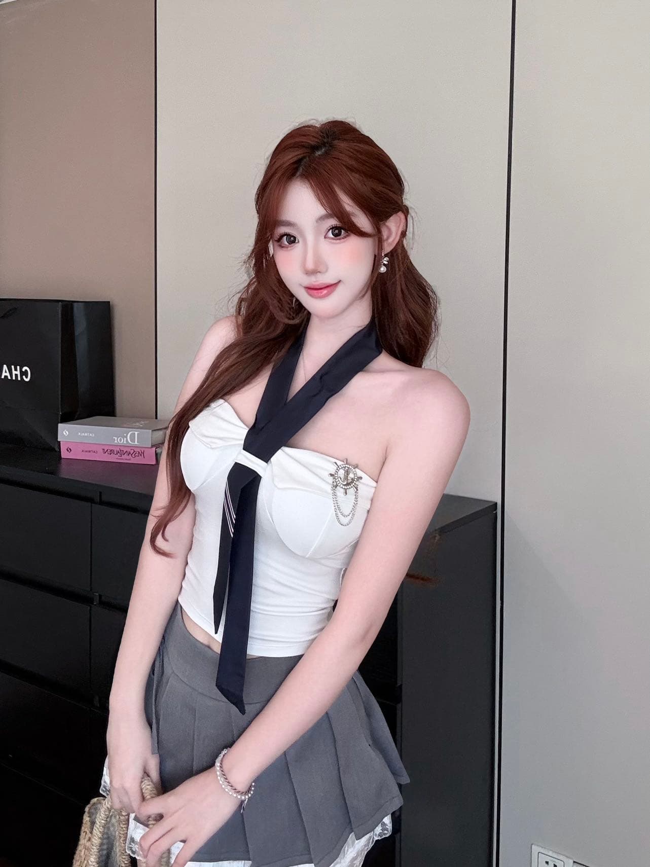 작은 샤넬 스타일 달콤한 핫걸 오프숄더 슬림해 보이는 배색 넥타이 조끼 여성 넥타이 아름다움 뒤로 상세 이미지 20